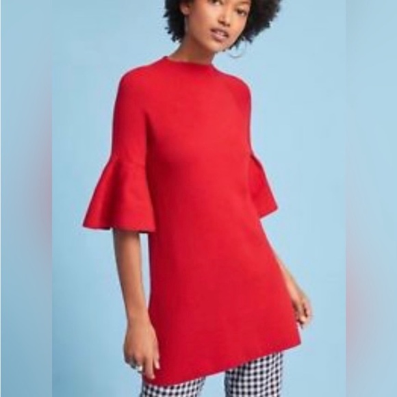 Anthro MOTH Red Bell Sleeve Rib Knit Mini Sweater Shift Dress Tunic - Picture 3 of 12